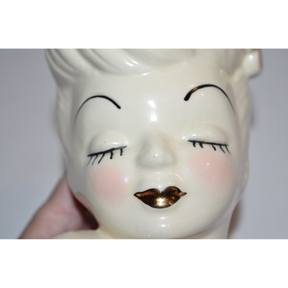 Vtg ivory with Pink gold Glamour Girl Lady head planter Art deco - Picture 8 of 12